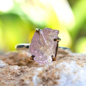 Raw Morganite 14k Gold and Silver Solitaire Ring Size 5.5